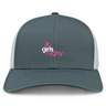 The Girls Rugby Retro Trucker Cap by EMB S&S Activewear features gray and white panels, "girls rugby" with a pink and white rugby ball logo embroidered on the front, plus a snapback closure for adjustable fit.