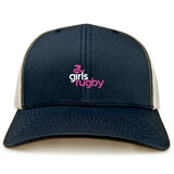 The Girls Rugby Retro Trucker Cap by EMB S&S Activewear features a navy and white design with "girls rugby" embroidered in pink and white on the front and a snapback closure.
