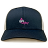 The Girls Rugby Retro Trucker Cap by EMB S&S Activewear features a navy and white design with "girls rugby" embroidered in pink and white on the front and a snapback closure.