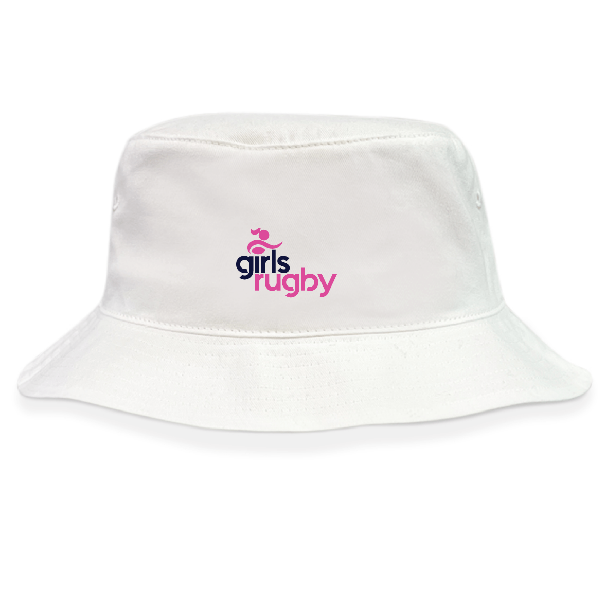 The EMB S&S Activewear Girls Rugby Crusher Bucket Cap is a white cotton twill hat with a black and pink "girls rugby" logo and a small pink icon on the front—ideal for stylish sun protection.