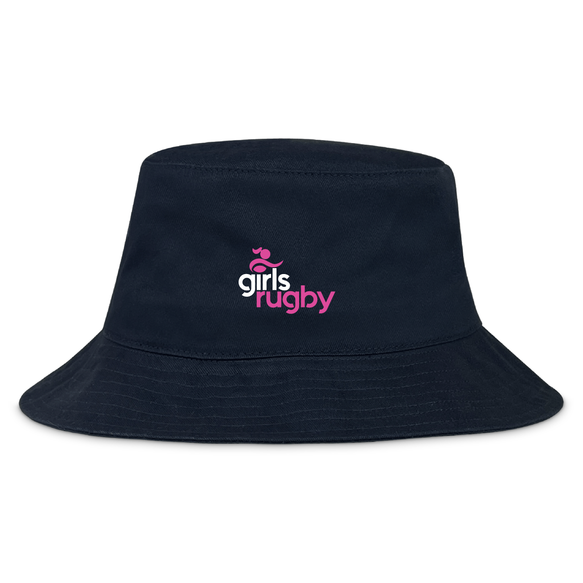 The Girls Rugby Crusher Bucket Cap by EMB S&S Activewear is a black cotton twill hat featuring a white and pink "girls rugby" logo embroidered on the front, combining style with sun protection.