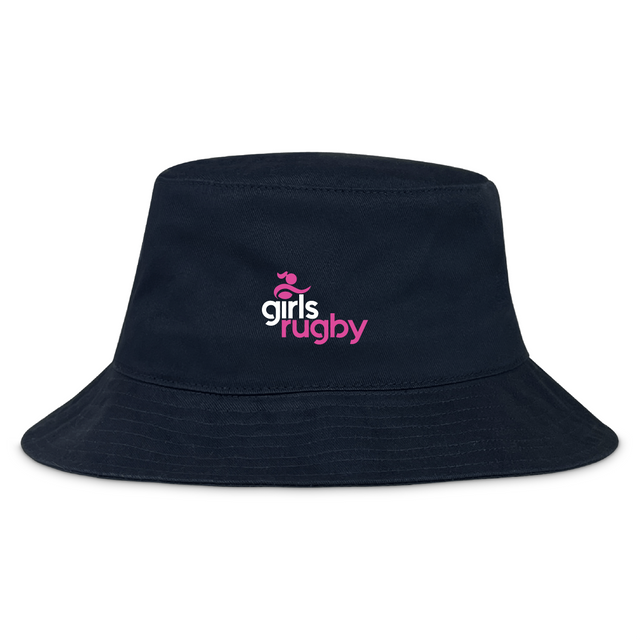 The Girls Rugby Crusher Bucket Cap by EMB S&S Activewear is a black cotton twill hat featuring a white and pink "girls rugby" logo embroidered on the front, combining style with sun protection.