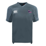 The Girls Rugby Vapodri Evader Jersey by EMB Canterbury is a gray short-sleeve rugby top with moisture-wicking tech, a white Canterbury logo on the right chest, and “Girls Rugby” plus a pink icon on the left chest.