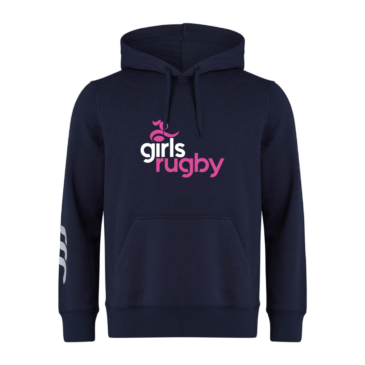 The Girls Rugby Club Hoodie by Canterbury has "girls rugby" in pink and white on the front, Canterbury branding on the sleeve, a small rugby ball graphic, and a striped design in navy. Customization is optional.