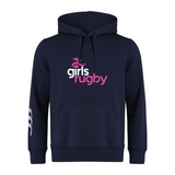The Girls Rugby Club Hoodie by Canterbury has "girls rugby" in pink and white on the front, Canterbury branding on the sleeve, a small rugby ball graphic, and a striped design in navy. Customization is optional.