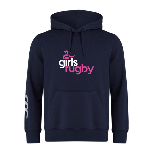 The Girls Rugby Club Hoodie by Canterbury has "girls rugby" in pink and white on the front, Canterbury branding on the sleeve, a small rugby ball graphic, and a striped design in navy. Customization is optional.