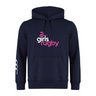 The Girls Rugby Club Hoodie by Canterbury has "girls rugby" in pink and white on the front, Canterbury branding on the sleeve, a small rugby ball graphic, and a striped design in navy. Customization is optional.
