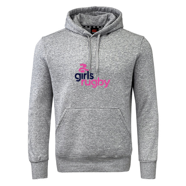 The Girls Rugby Club Hoodie by Canterbury from WRS Canterbury features a front pocket and "girls rugby" in blue and pink on a gray design—an ideal addition to any rugby club hoodie collection.