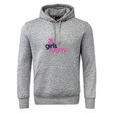 The Girls Rugby Club Hoodie by Canterbury from WRS Canterbury features a front pocket and "girls rugby" in blue and pink on a gray design—an ideal addition to any rugby club hoodie collection.