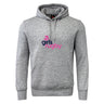 The Girls Rugby Club Hoodie by Canterbury from WRS Canterbury features a front pocket and "girls rugby" in blue and pink on a gray design—an ideal addition to any rugby club hoodie collection.