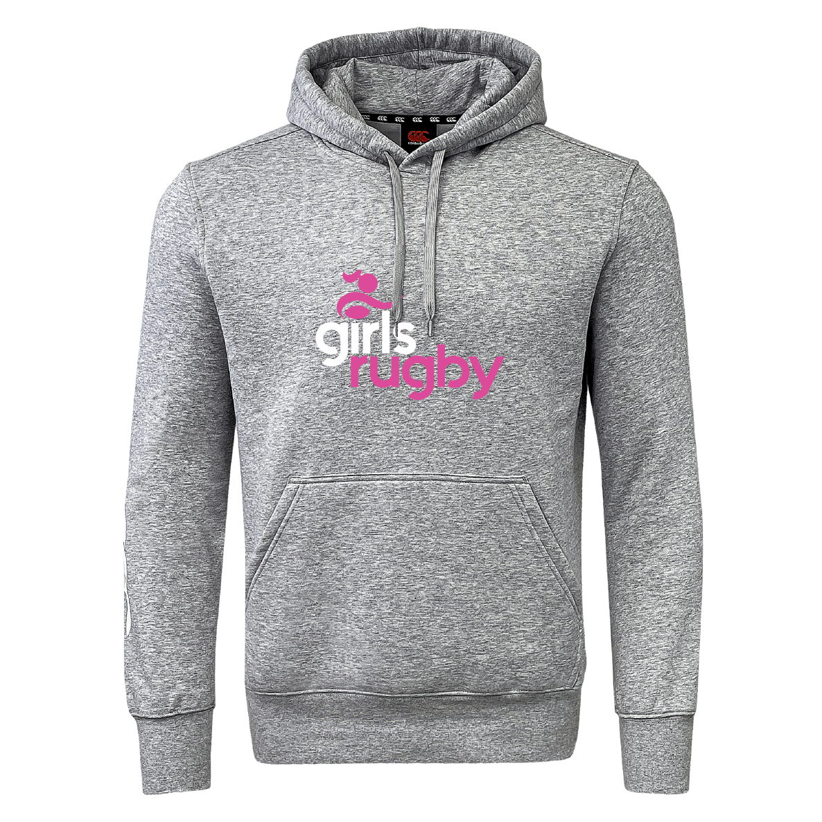The WRS Canterbury Girls Rugby Club Hoodie features a gray design with the "Girls Rugby" logo in pink and white on the front. It offers a cozy fleece, kangaroo pocket, drawstring hood for comfort, and stylish Canterbury branding on the sleeve.