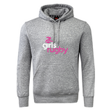 The WRS Canterbury Girls Rugby Club Hoodie features a gray design with the "Girls Rugby" logo in pink and white on the front. It offers a cozy fleece, kangaroo pocket, drawstring hood for comfort, and stylish Canterbury branding on the sleeve.