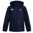 The Girls Rugby Club Vaposhield Full Zip Rain Jacket by EMB Canterbury, in navy with a white logo on the left chest and a pink "Girls Rugby" logo on the right, uses VapoShield Technology to keep you dry while watching rugby.