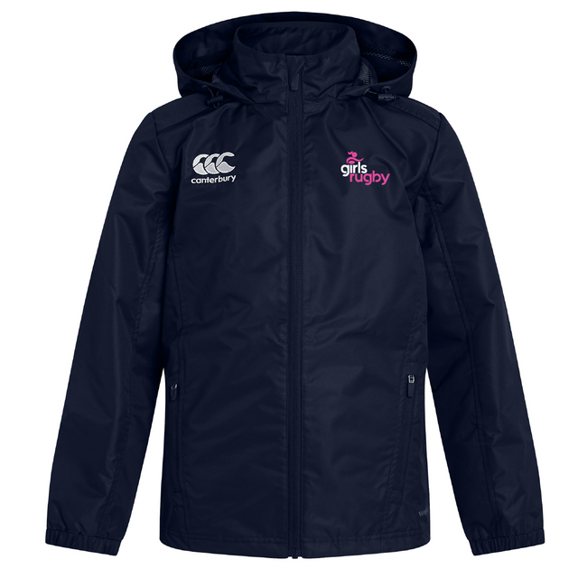 The Girls Rugby Club Vaposhield Full Zip Rain Jacket by EMB Canterbury, in navy with a white logo on the left chest and a pink "Girls Rugby" logo on the right, uses VapoShield Technology to keep you dry while watching rugby.