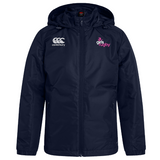 The Girls Rugby Club Vaposhield Stadium Jacket by EMB Canterbury is a navy blue waterproof jacket with a hood, showcasing the "Canterbury" logo on the left chest and "girls rugby" on the right, ideal for staying dry at the Rugby Club.