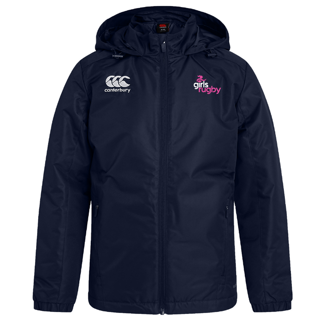 The Girls Rugby Club Vaposhield Stadium Jacket by EMB Canterbury is a navy blue waterproof jacket with a hood, showcasing the "Canterbury" logo on the left chest and "girls rugby" on the right, ideal for staying dry at the Rugby Club.