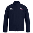 The Girls Rugby Club Track Jacket by EMB Canterbury showcases the "Canterbury" logo and "girls rugby" text on a navy blue fabric, designed to be lightweight and quick-drying for maximum comfort.