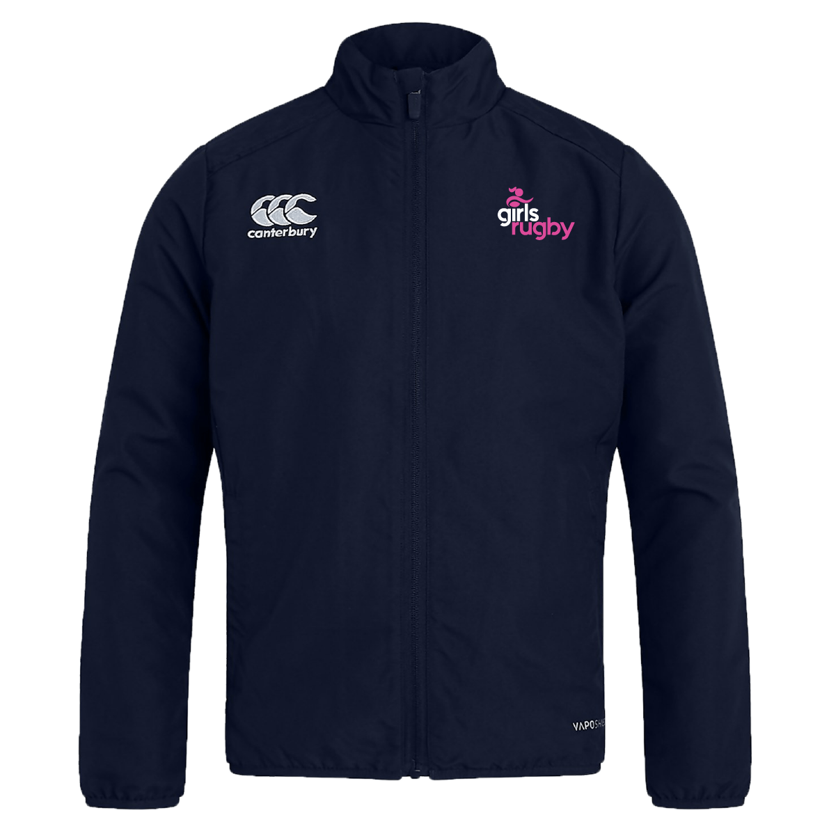 The Girls Rugby Club Track Jacket by EMB Canterbury showcases the "Canterbury" logo and "girls rugby" text on a navy blue fabric, designed to be lightweight and quick-drying for maximum comfort.