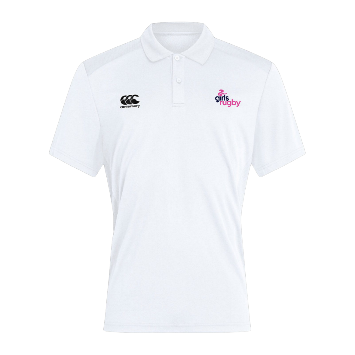 The Girls Rugby Club Dry Polo by EMB Canterbury features a "girls rugby" logo in pink and purple on the right chest and another logo on the left. Crafted with Vapodri Technology, this breathable polo keeps you comfortable and dry.