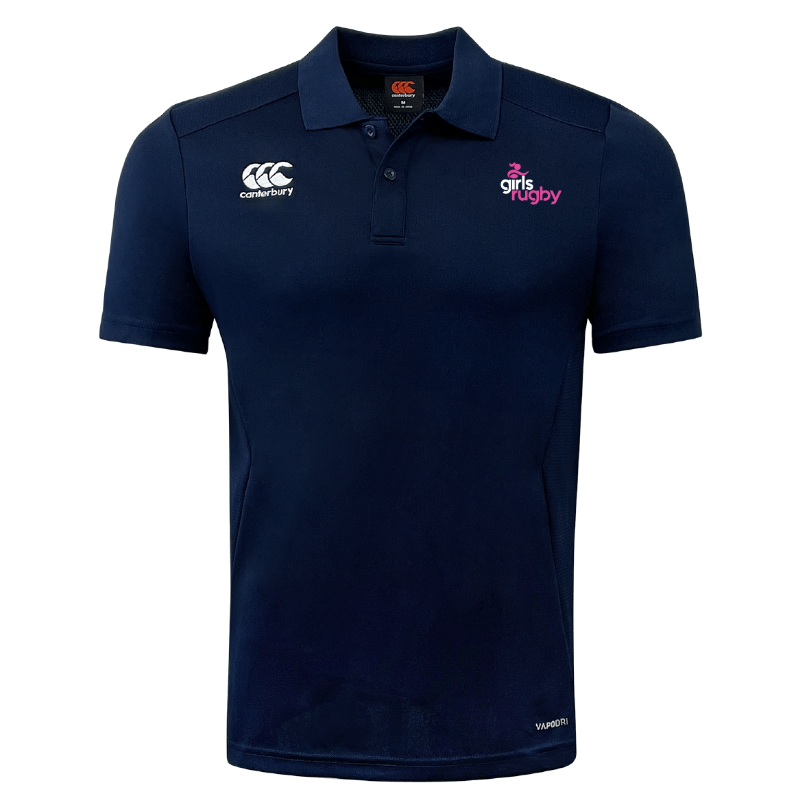 The Girls Rugby Club Dry Polo by EMB Canterbury is navy blue with the "girls rugby" logo on the right chest and a white logo on the left. Featuring Vapodri Technology, it offers comfort and style.