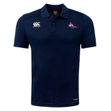 The Girls Rugby Club Dry Polo by EMB Canterbury is navy blue with the "girls rugby" logo on the right chest and a white logo on the left. Featuring Vapodri Technology, it offers comfort and style.