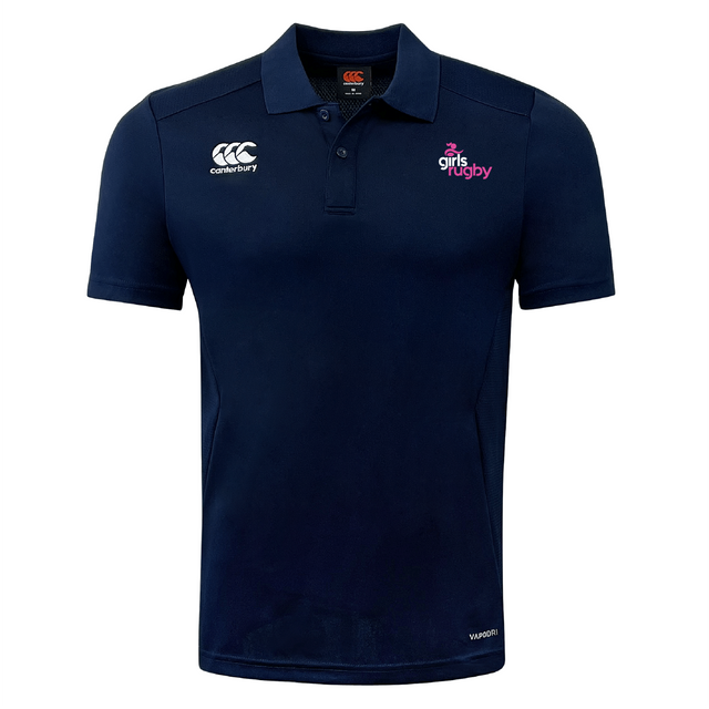 The Girls Rugby Club Dry Polo by EMB Canterbury is navy blue with the "girls rugby" logo on the right chest and a white logo on the left. Featuring Vapodri Technology, it offers comfort and style.