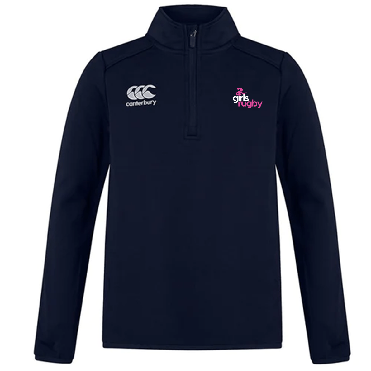 The EMB Canterbury Girls Rugby Club Mid Layer Training Top is a navy long-sleeve crafted from bonded fleece, featuring a 1/4 zip and chest logos for Canterbury and Girls Rugby.