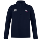 The EMB Canterbury Girls Rugby Club Mid Layer Training Top is a navy long-sleeve crafted from bonded fleece, featuring a 1/4 zip and chest logos for Canterbury and Girls Rugby.