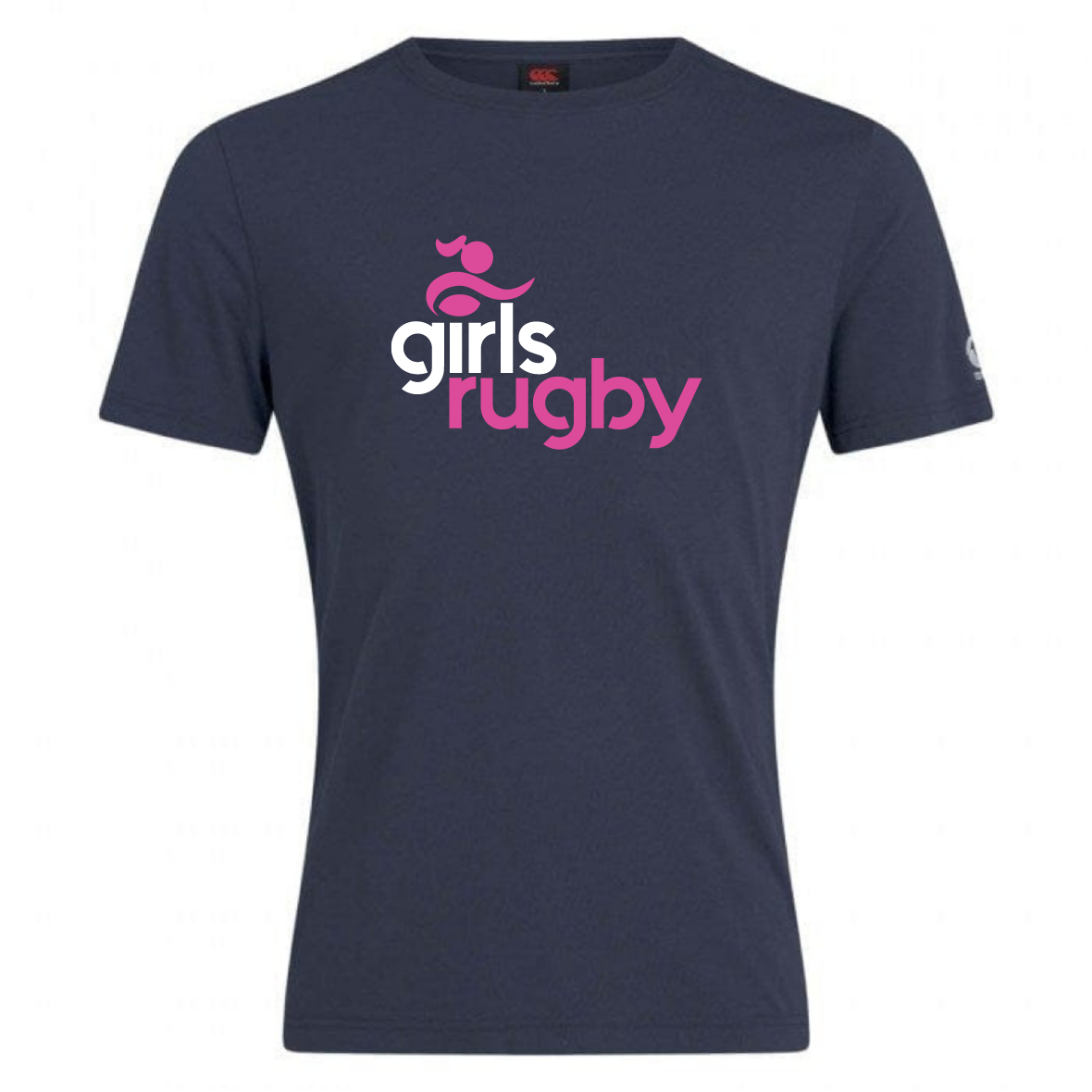 The Girls Rugby Club Plain Tee by Canterbury, from WRS Canterbury, is a navy blue cotton blend t-shirt featuring "girls rugby" in pink and white with a custom small rugby ball graphic.