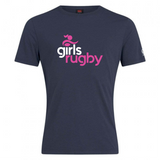 The Girls Rugby Club Plain Tee by Canterbury, from WRS Canterbury, is a navy blue cotton blend t-shirt featuring "girls rugby" in pink and white with a custom small rugby ball graphic.