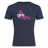 The Girls Rugby Club Plain Tee by Canterbury, from WRS Canterbury, is a navy blue cotton blend t-shirt featuring "girls rugby" in pink and white with a custom small rugby ball graphic.