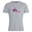 The Girls Rugby Club Plain Tee by WRS Canterbury is a light grey cotton blend shirt featuring "girls rugby" in dark blue and pink—a stylish, customizable choice for sporty flair.