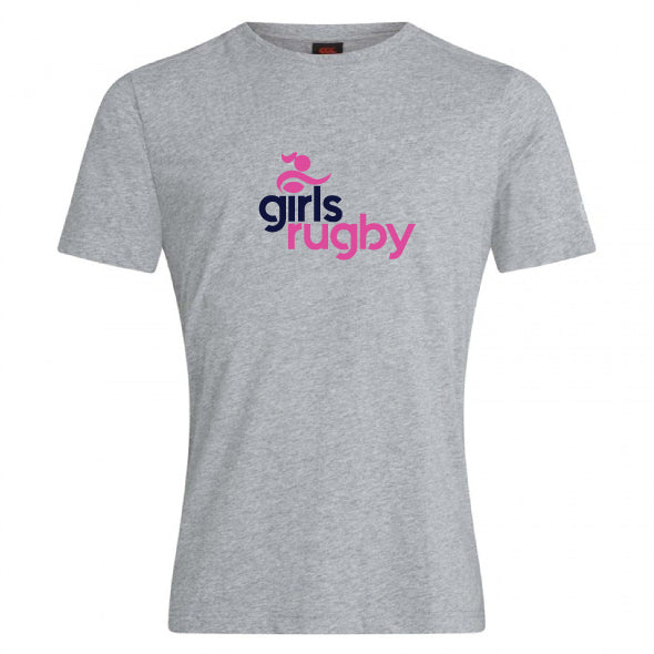 The Girls Rugby Club Plain Tee by WRS Canterbury is a light grey cotton blend shirt featuring "girls rugby" in dark blue and pink—a stylish, customizable choice for sporty flair.