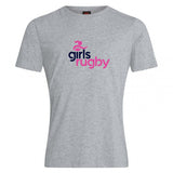 The Girls Rugby Club Plain Tee by WRS Canterbury is a light grey cotton blend shirt featuring "girls rugby" in dark blue and pink—a stylish, customizable choice for sporty flair.
