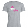 The Girls Rugby Club Plain Tee by WRS Canterbury is a gray cotton blend t-shirt featuring "girls rugby" printed in pink and white with a stylized rugby player graphic above.