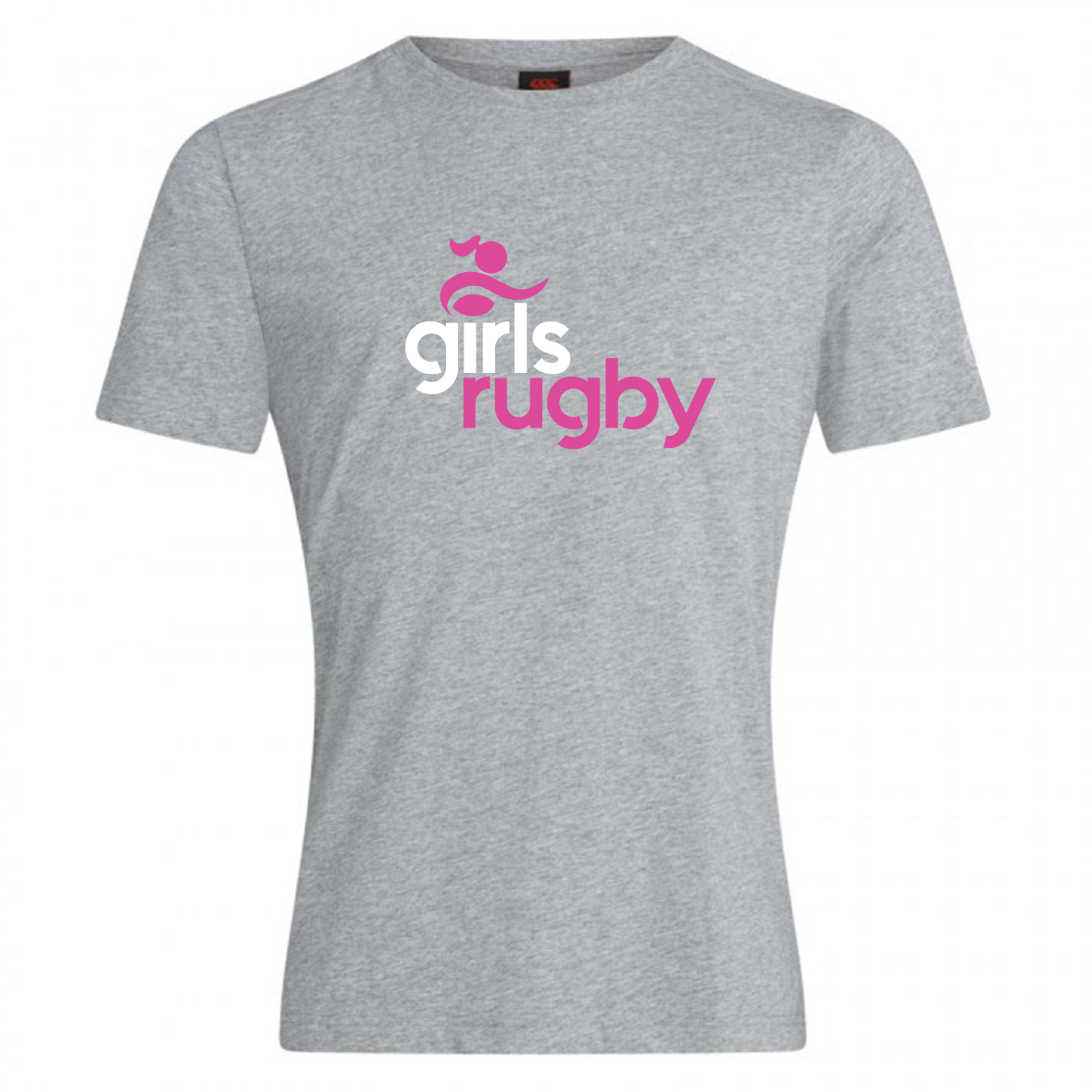 The Girls Rugby Club Plain Tee by WRS Canterbury is a gray cotton blend t-shirt featuring "girls rugby" printed in pink and white with a stylized rugby player graphic above.