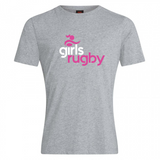 The Girls Rugby Club Plain Tee by WRS Canterbury is a gray cotton blend t-shirt featuring "girls rugby" printed in pink and white with a stylized rugby player graphic above.