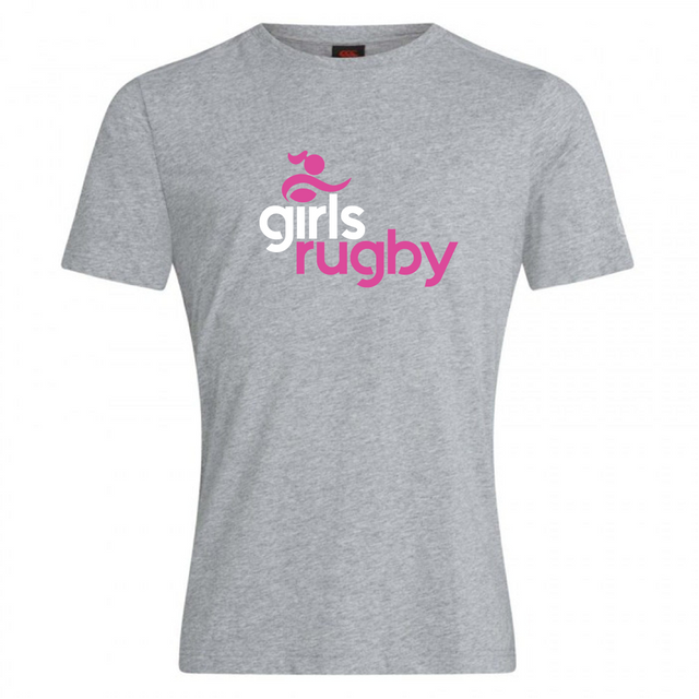 The Girls Rugby Club Plain Tee by WRS Canterbury is a gray cotton blend t-shirt featuring "girls rugby" printed in pink and white with a stylized rugby player graphic above.