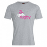 The Girls Rugby Club Plain Tee by WRS Canterbury is a gray cotton blend t-shirt featuring "girls rugby" printed in pink and white with a stylized rugby player graphic above.