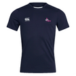 Navy rugby shirt branded "Girls Rugby Club Dry Tee" by EMB Canterbury, showcasing the iconic "Canterbury" logo on the left chest and "Girls Rugby" on the right, designed with Vapodri Technology for enhanced comfort.