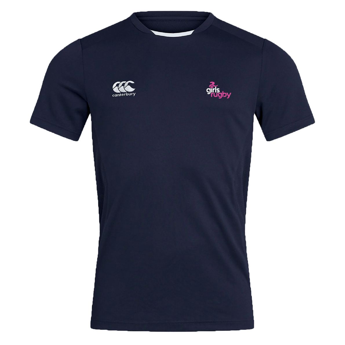 Navy rugby shirt branded "Girls Rugby Club Dry Tee" by EMB Canterbury, showcasing the iconic "Canterbury" logo on the left chest and "Girls Rugby" on the right, designed with Vapodri Technology for enhanced comfort.