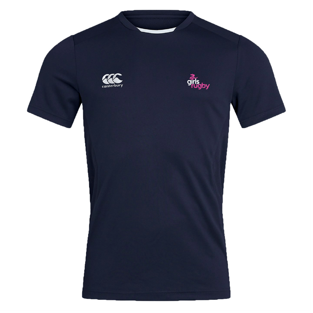 Navy rugby shirt branded "Girls Rugby Club Dry Tee" by EMB Canterbury, showcasing the iconic "Canterbury" logo on the left chest and "Girls Rugby" on the right, designed with Vapodri Technology for enhanced comfort.