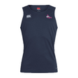 The Girls Rugby Club Dry Singlet by EMB Canterbury is a navy blue sleeveless athletic shirt with the Canterbury logo and "Girls Rugby" text on the front. Featuring Vapodri Technology, it ensures top-notch performance in every game.