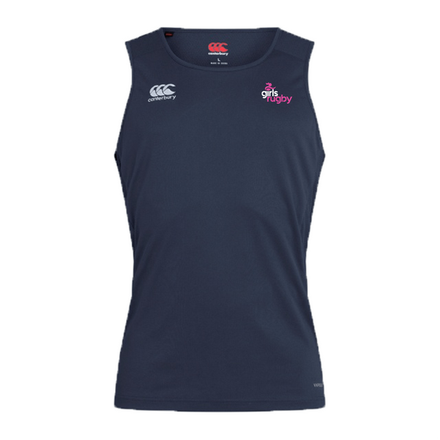 The Girls Rugby Club Dry Singlet by EMB Canterbury is a navy blue sleeveless athletic shirt with the Canterbury logo and "Girls Rugby" text on the front. Featuring Vapodri Technology, it ensures top-notch performance in every game.
