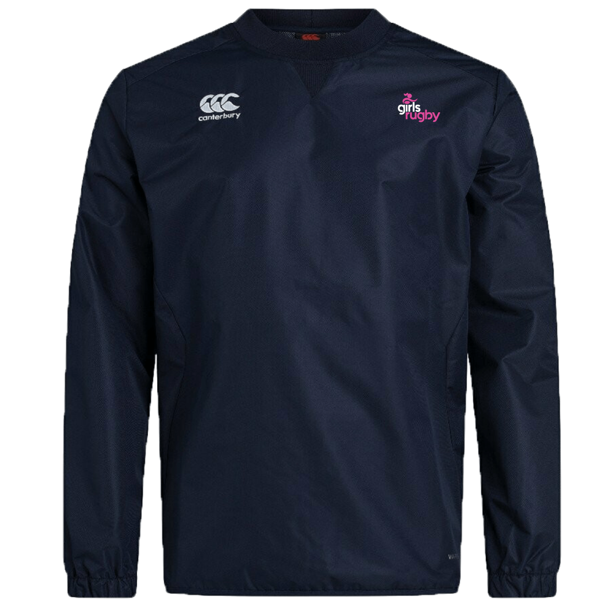 The EMB Canterbury Girls Rugby Club Vaposhield Contact Top is a navy blue long-sleeve pullover with white and pink Canterbury and Girls Rugby logos on the chest, featuring water-repellent technology for added comfort.