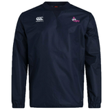 The EMB Canterbury Girls Rugby Club Vaposhield Contact Top is a navy blue long-sleeve pullover with white and pink Canterbury and Girls Rugby logos on the chest, featuring water-repellent technology for added comfort.