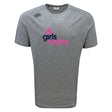 The WRS Canterbury Girls Rugby Tempo Vapodri T-Shirt is a grey, short-sleeve athletic tee with the Canterbury logo on the shoulder and "girls rugby" in navy and pink—perfect for sporty girls.