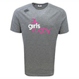 The Girls Rugby Tempo Vapodri T-Shirt by WRS Canterbury boasts "girls rugby" in white and pink on a gray sports tee, accented by a small pink icon overhead. Featuring VapoDri for exceptional moisture-wicking, it ensures comfort and dryness during any activity.