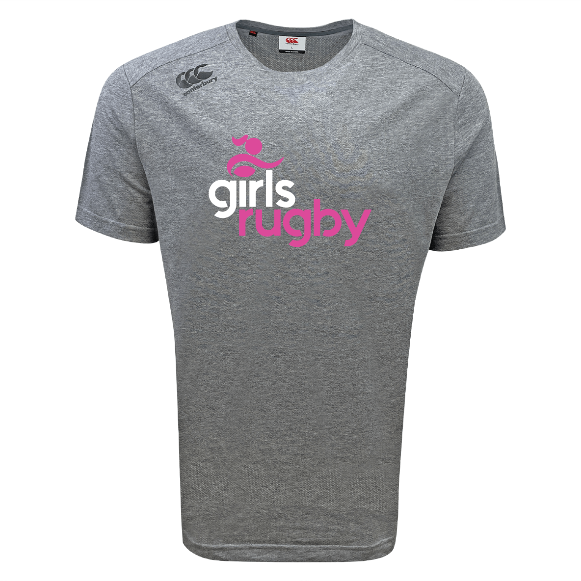 The Girls Rugby Tempo Vapodri T-Shirt by WRS Canterbury boasts "girls rugby" in white and pink on a gray sports tee, accented by a small pink icon overhead. Featuring VapoDri for exceptional moisture-wicking, it ensures comfort and dryness during any activity.