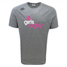 The Girls Rugby Tempo Vapodri T-Shirt by WRS Canterbury boasts "girls rugby" in white and pink on a gray sports tee, accented by a small pink icon overhead. Featuring VapoDri for exceptional moisture-wicking, it ensures comfort and dryness during any activity.